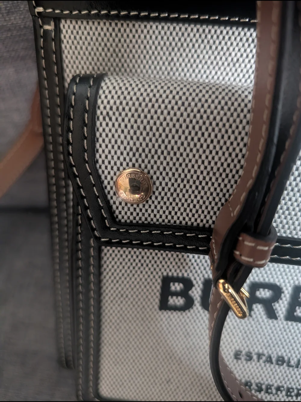 Burberry Black & White Canvas Tote Bag with Top Handle